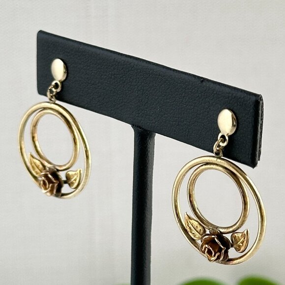Vintage 12K GF Rose & Leaf Earrings - Picture 4 of 9